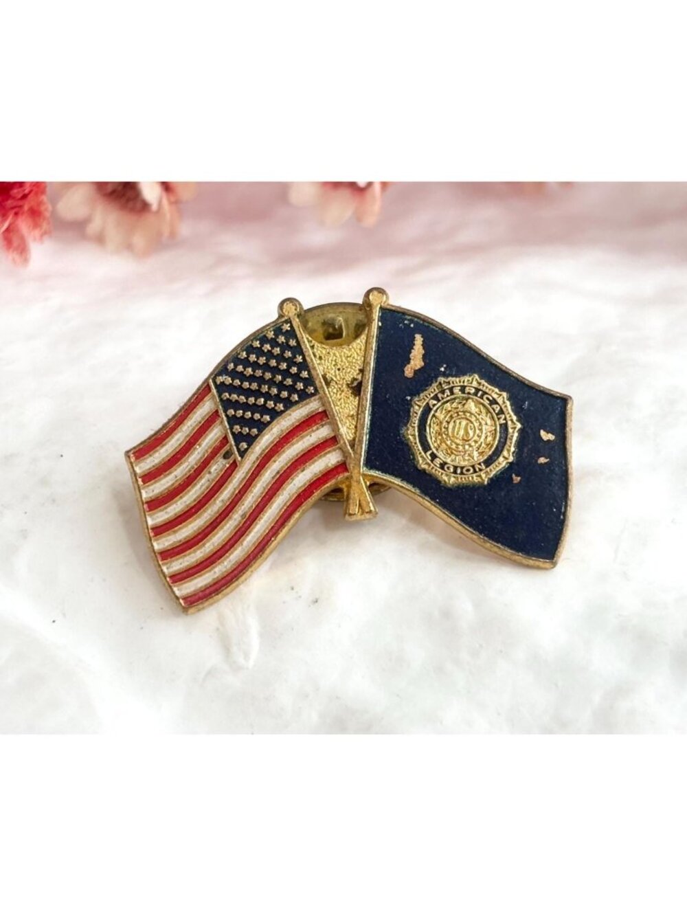 American Flag American Legion Enameled Gold Toned Post Back Brooch Pin